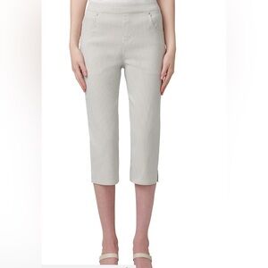 HUE Women’s Pedal Pushers Cropped Pants Seersucker Taupe Stripe Pockets Small